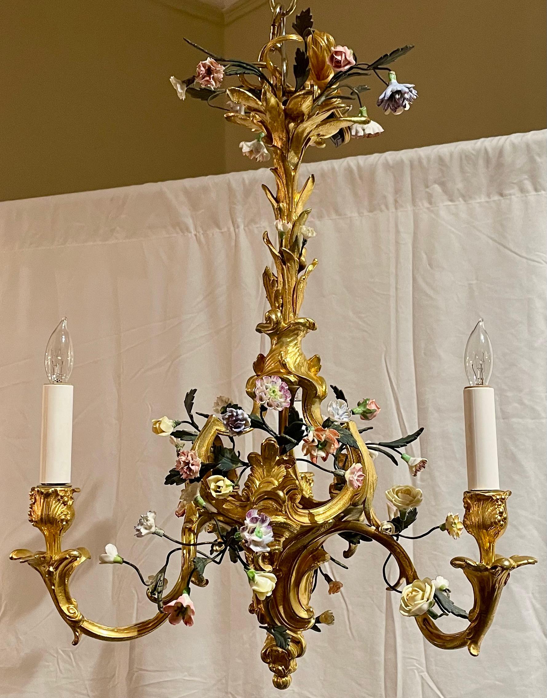 Antique French Marie Antoinette Style Gold Bronze Chandelier with Porcelain Flowers, Circa 1880.
