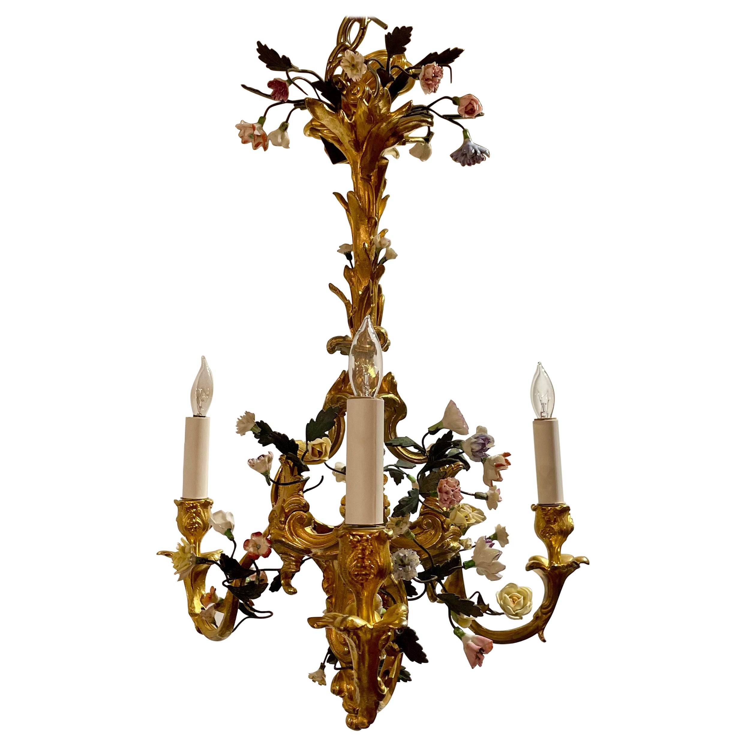 Antique French "Marie Antoinette" Gold Bronze Chandelier with Porcelain Flowers
