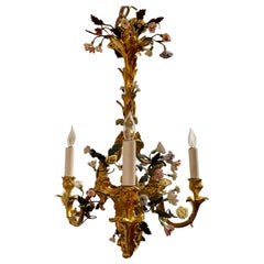 Antique French "Marie Antoinette" Gold Bronze Chandelier with Porcelain Flowers
