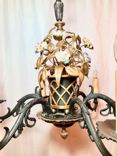 Antique French "Marie Antoinette" Iron & Brass Chandelier with Porcelain Flowers