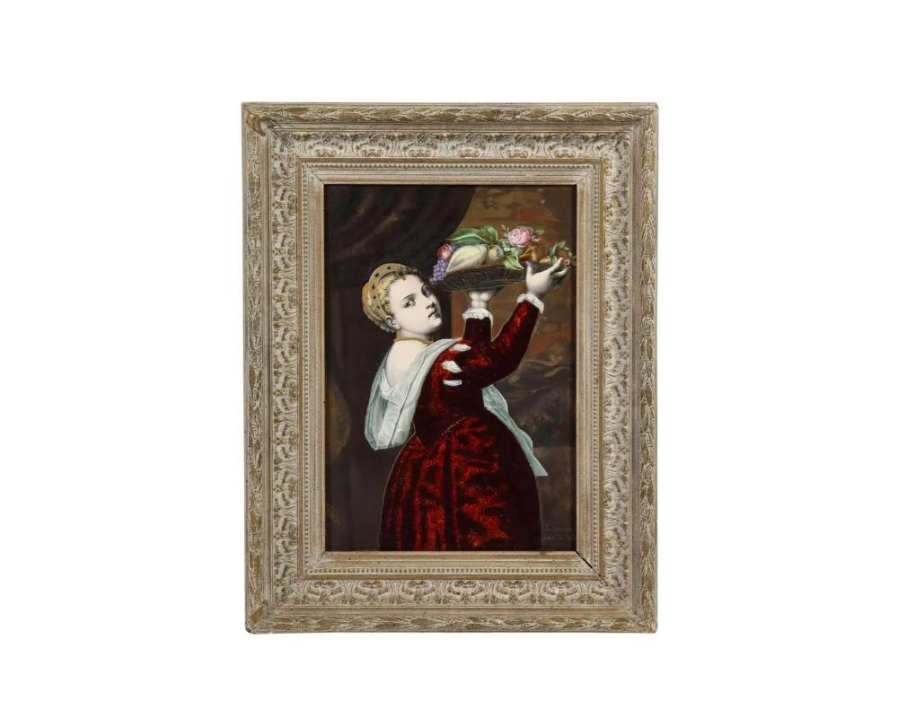 A gorgeous French Maroon Limoges Enameled Porcelain Plaque with jewels depicting 