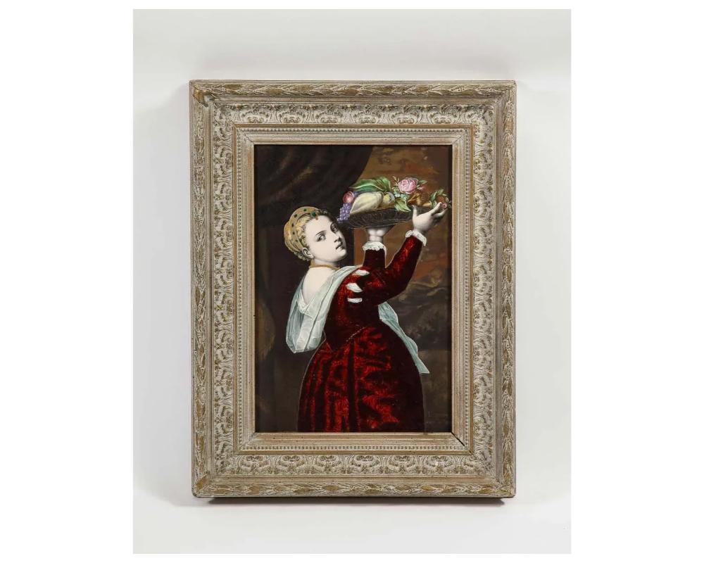 Antique French Maroon Limoges Enamel Porcelain Plaque Woman with Fruits, Titian In Good Condition For Sale In New York, NY