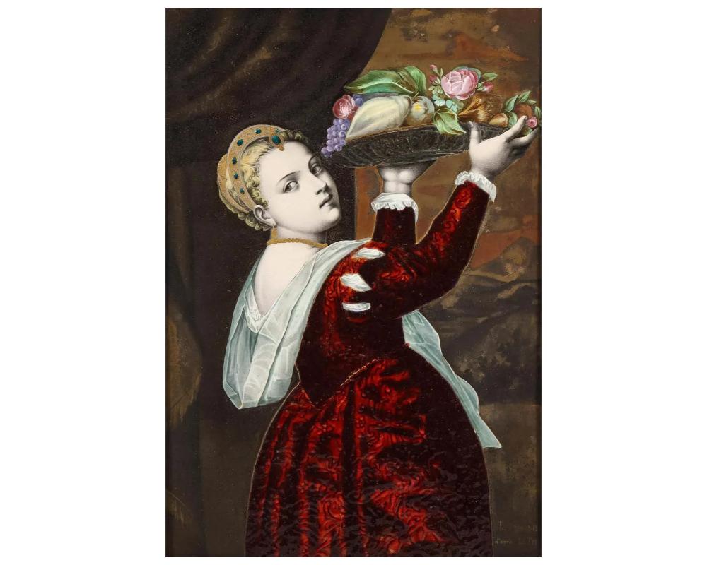 19th Century Antique French Maroon Limoges Enamel Porcelain Plaque Woman with Fruits, Titian For Sale