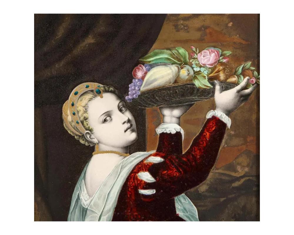 Antique French Maroon Limoges Enamel Porcelain Plaque Woman with Fruits, Titian For Sale 1