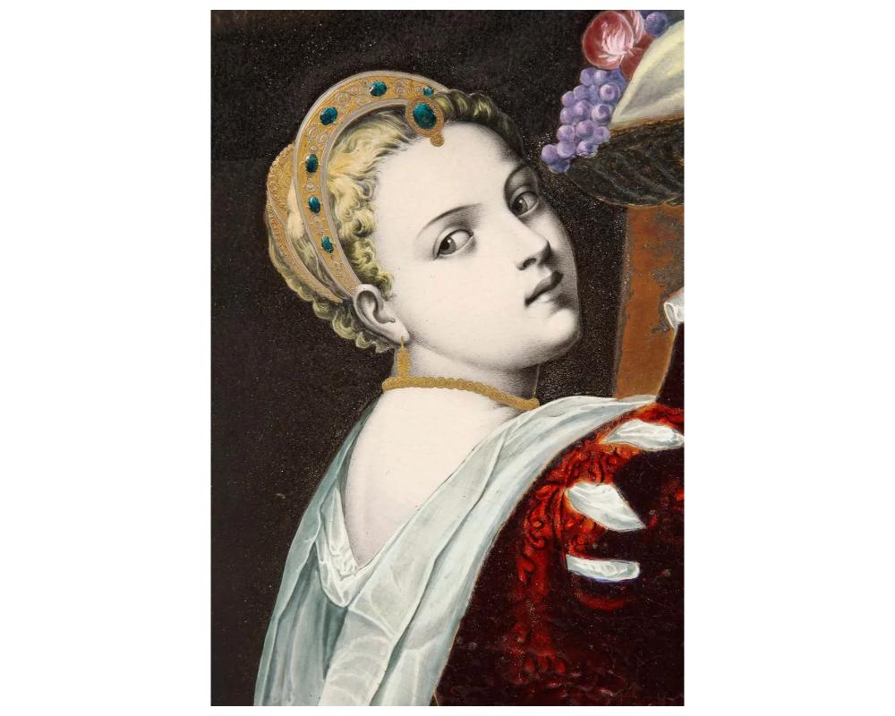 Antique French Maroon Limoges Enamel Porcelain Plaque Woman with Fruits, Titian For Sale 4