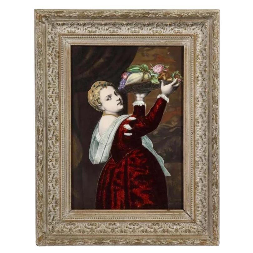 Antique French Maroon Limoges Enamel Porcelain Plaque Woman with Fruits, Titian For Sale