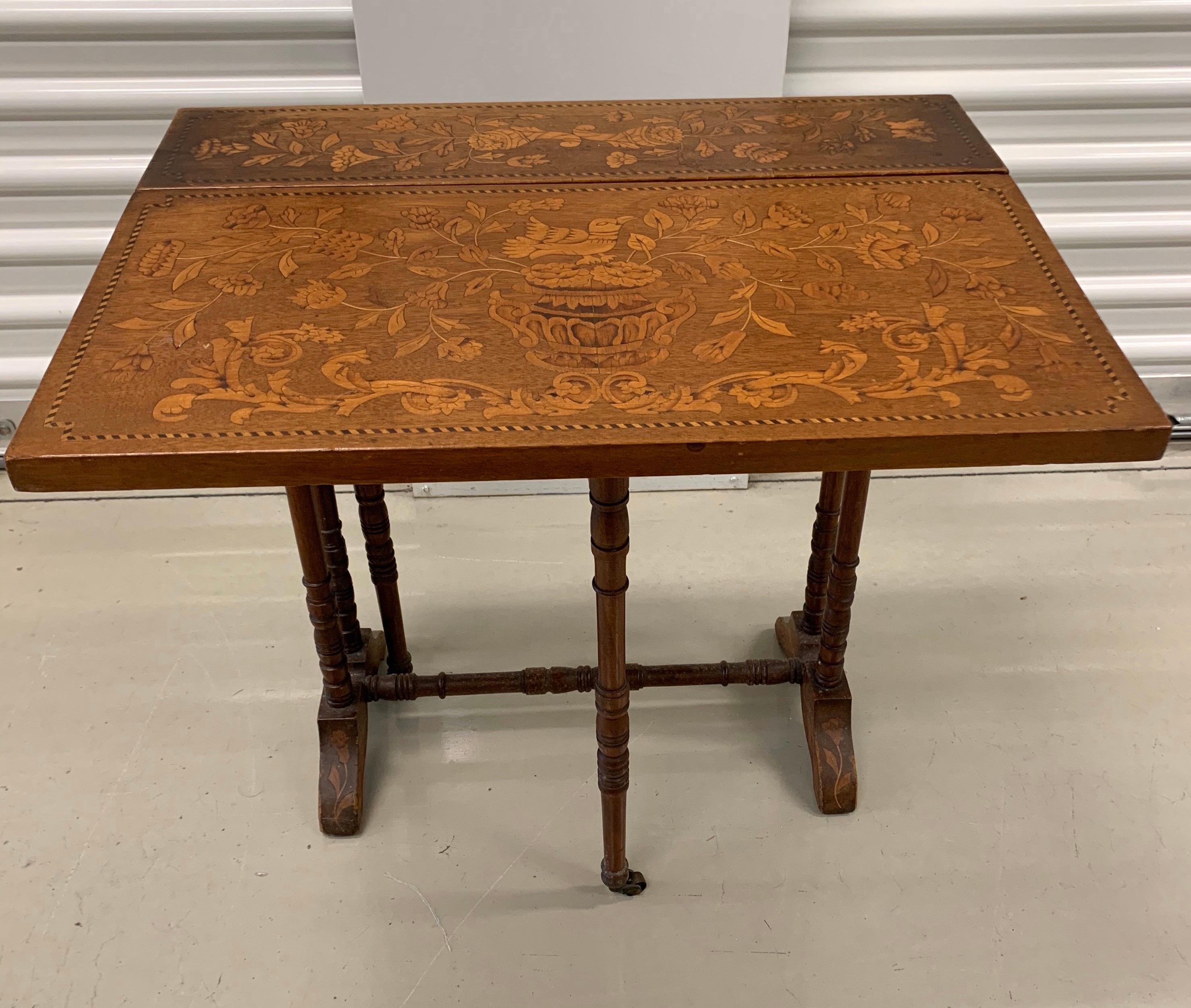 Louis XV Antique French Marquetry Drop-Leaf End Side Tea Card Game Table