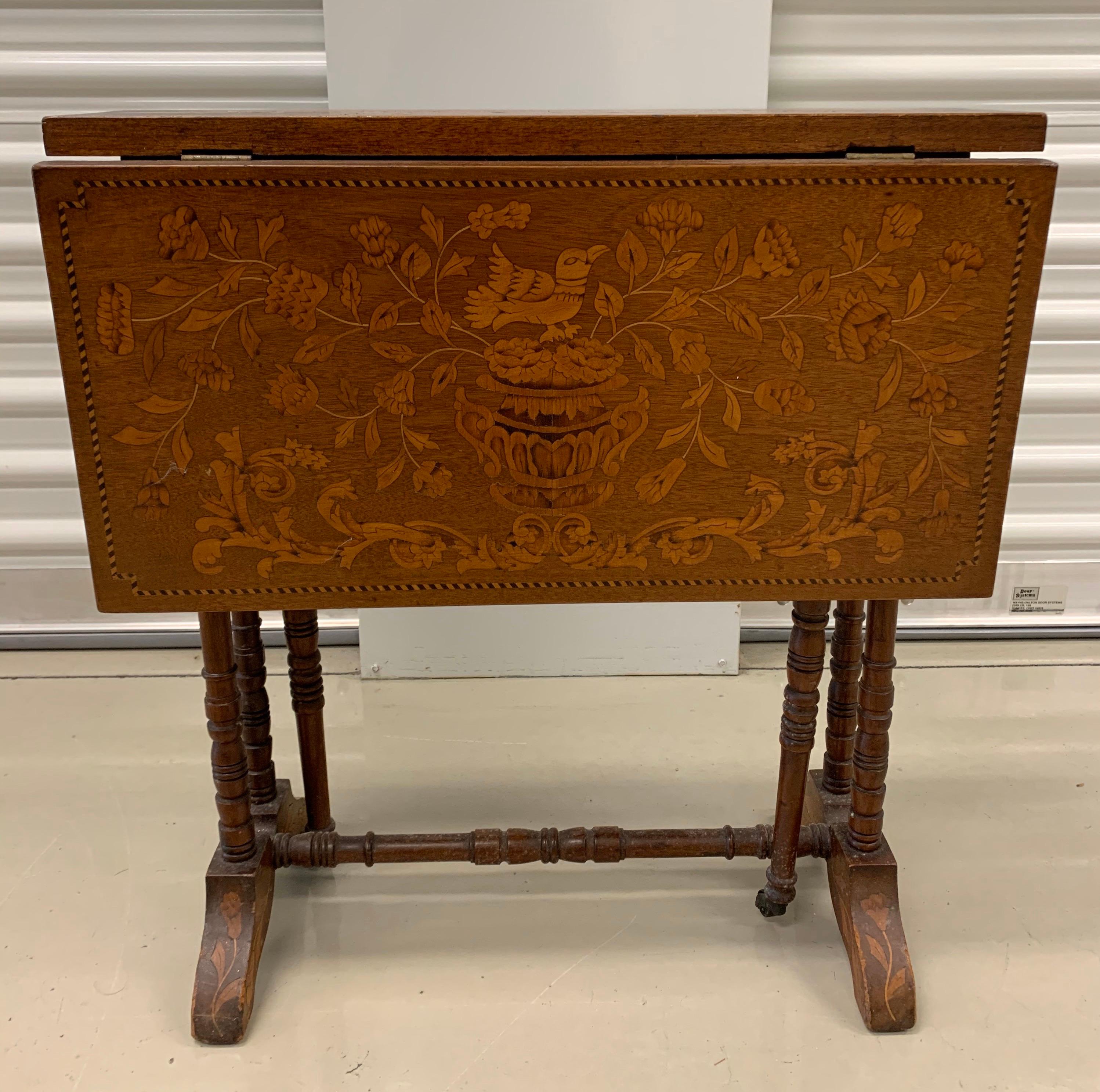 Antique French Marquetry Drop-Leaf End Side Tea Card Game Table 1