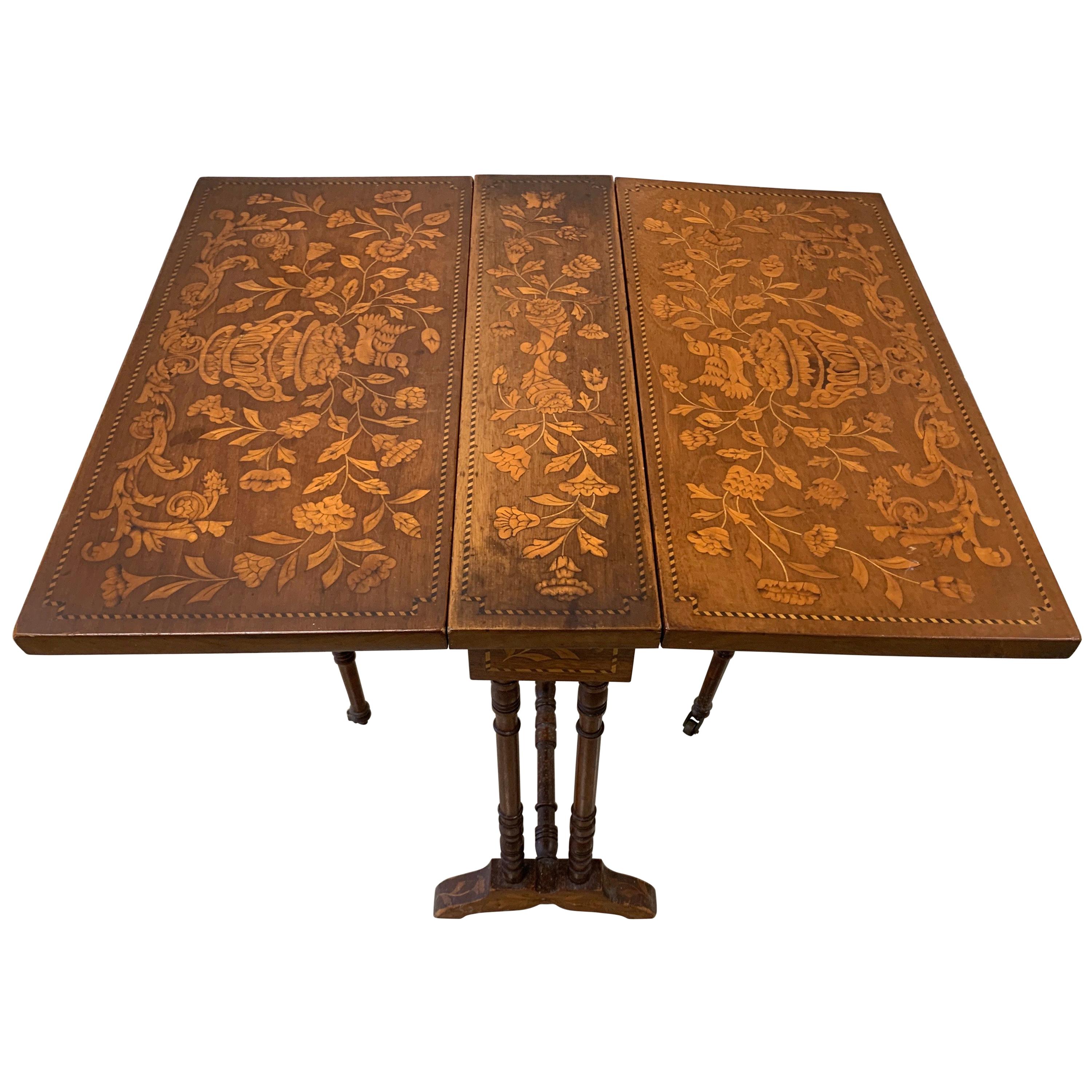 Antique French Marquetry Drop-Leaf End Side Tea Card Game Table