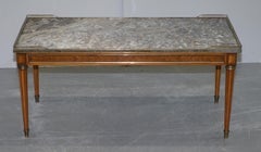 Antique French Marquetry Inlaid Coffee Table Thick Marble Top Brass Gallery Rail