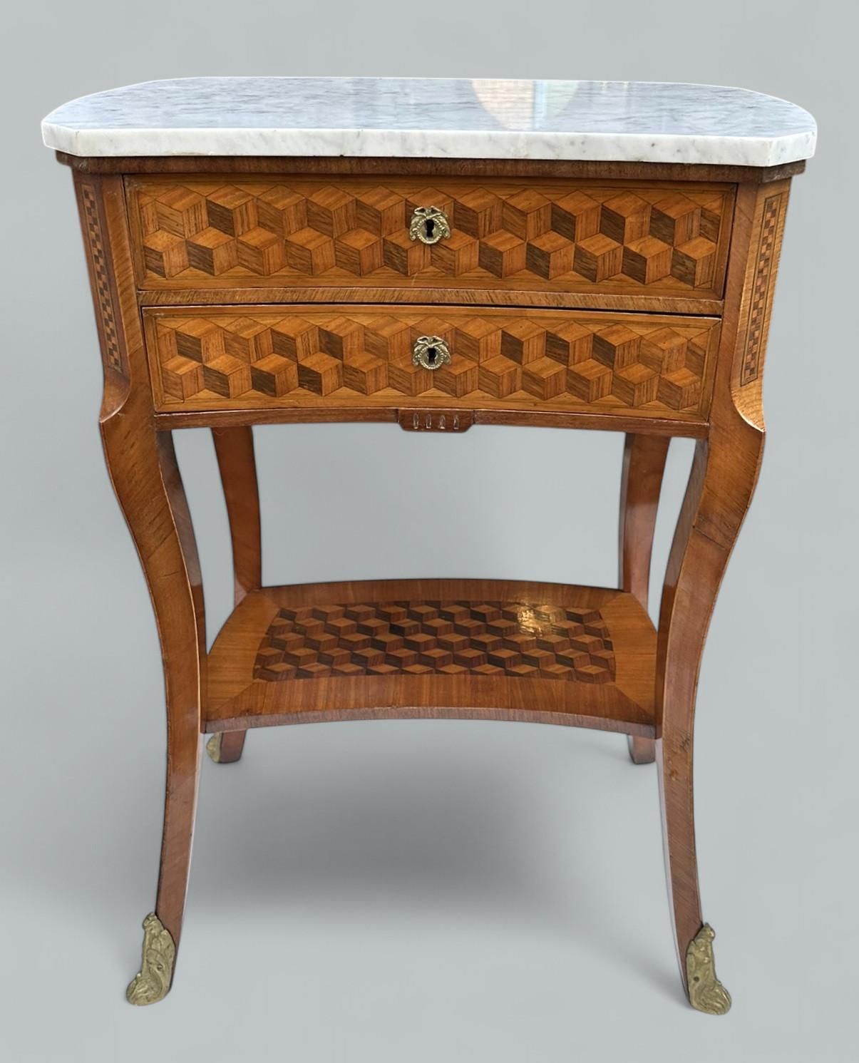 Victorien Ancienne table de chevet en marqueterie de bois de roi avec dessus en marbre, armoire de nuit