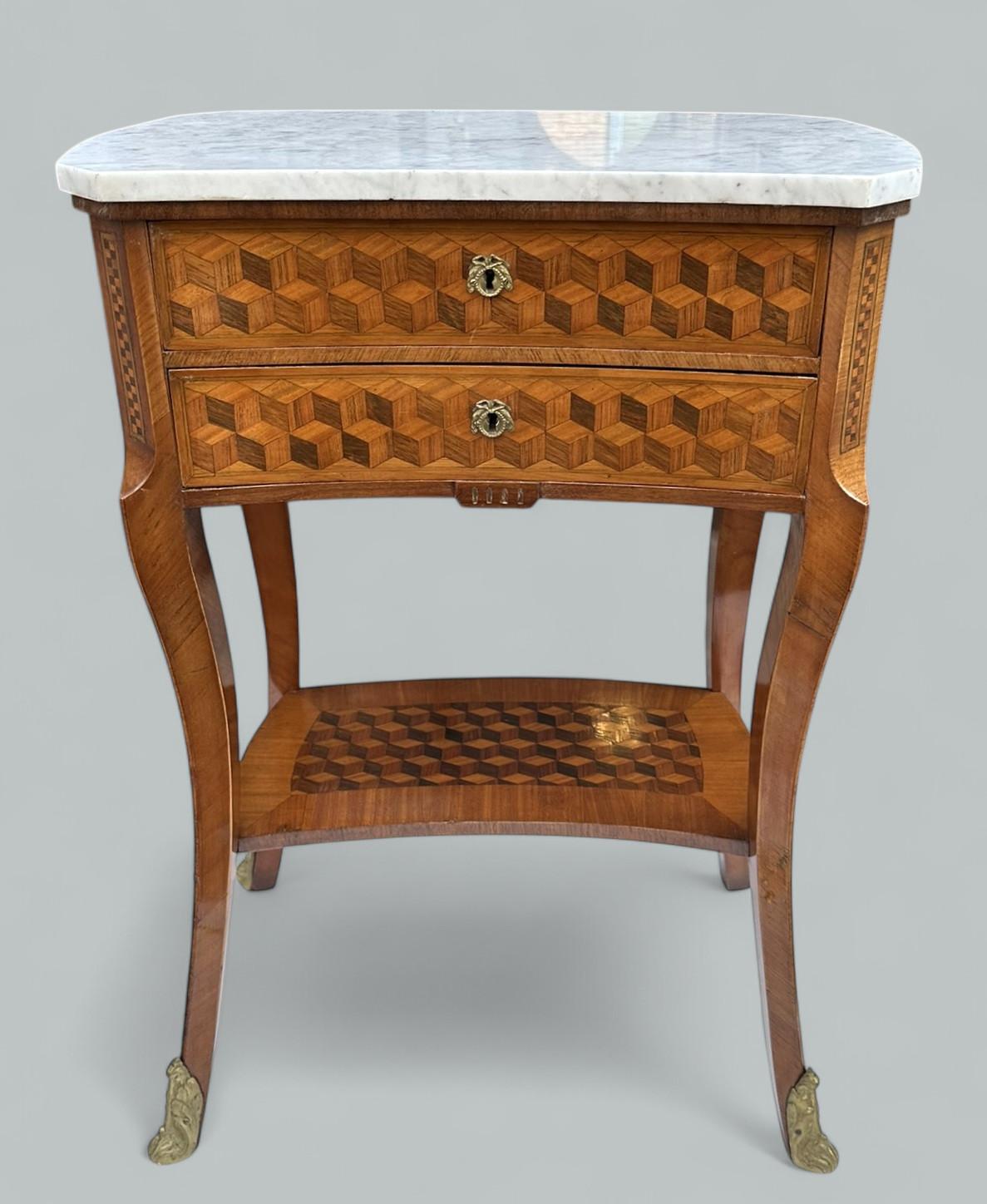 Français Ancienne table de chevet en marqueterie de bois de roi avec dessus en marbre, armoire de nuit