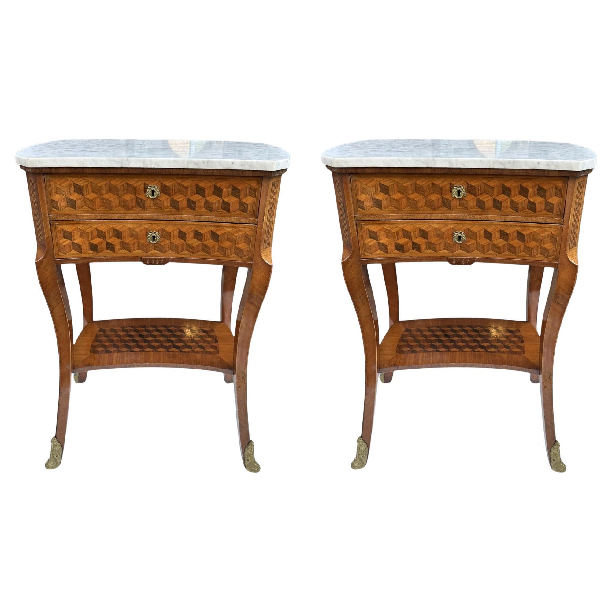 Antique French Marquetry Marble Top Kingwood Bedside Cabinets Locker Nightstands