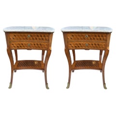 Antique French Marquetry Marble Top Kingwood Bedside Cabinets Locker Nightstands