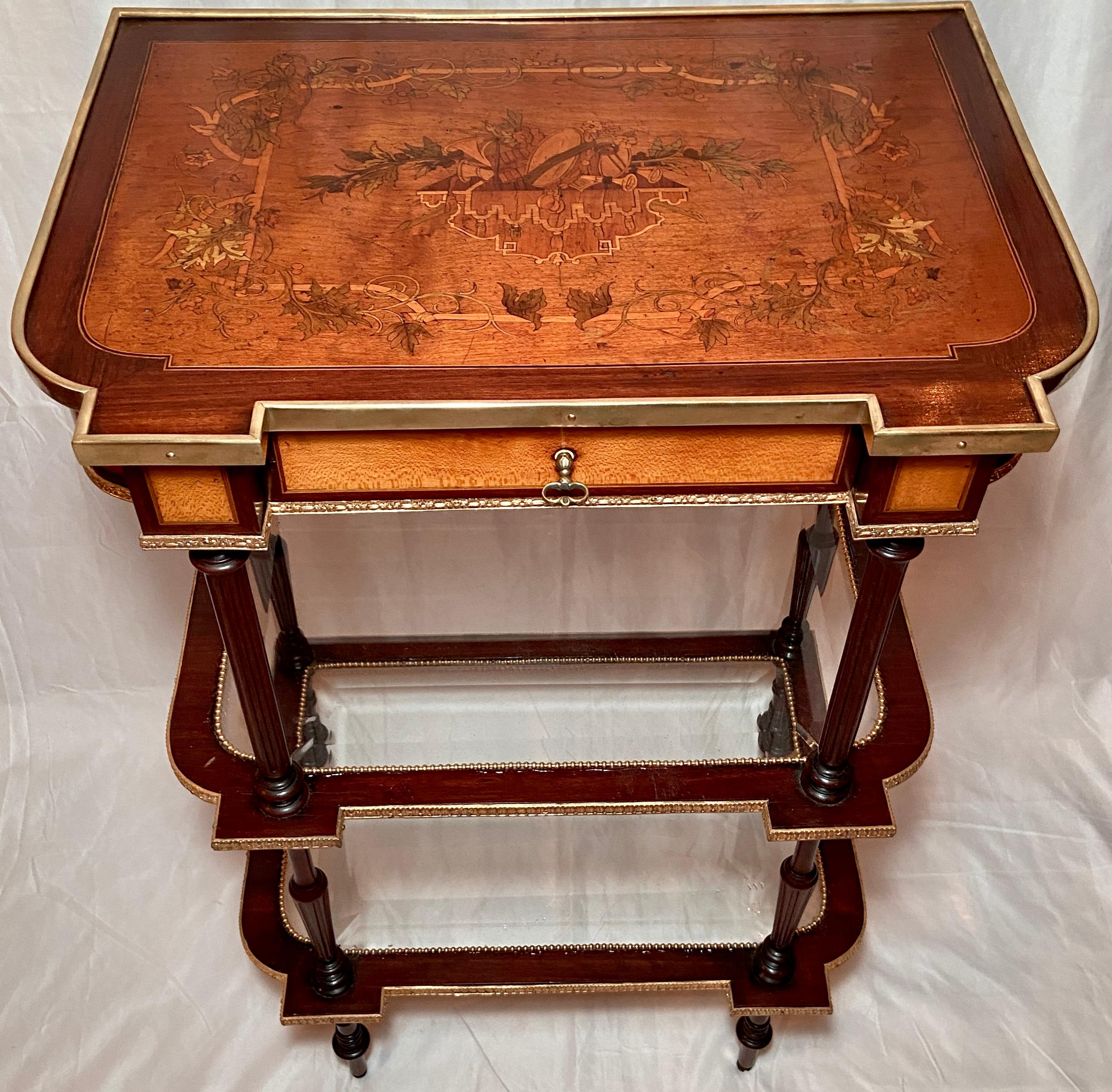 Antique French Marquetry Table with Bronze D' Ore Mounts and Glass Shelves Below In Good Condition In New Orleans, LA