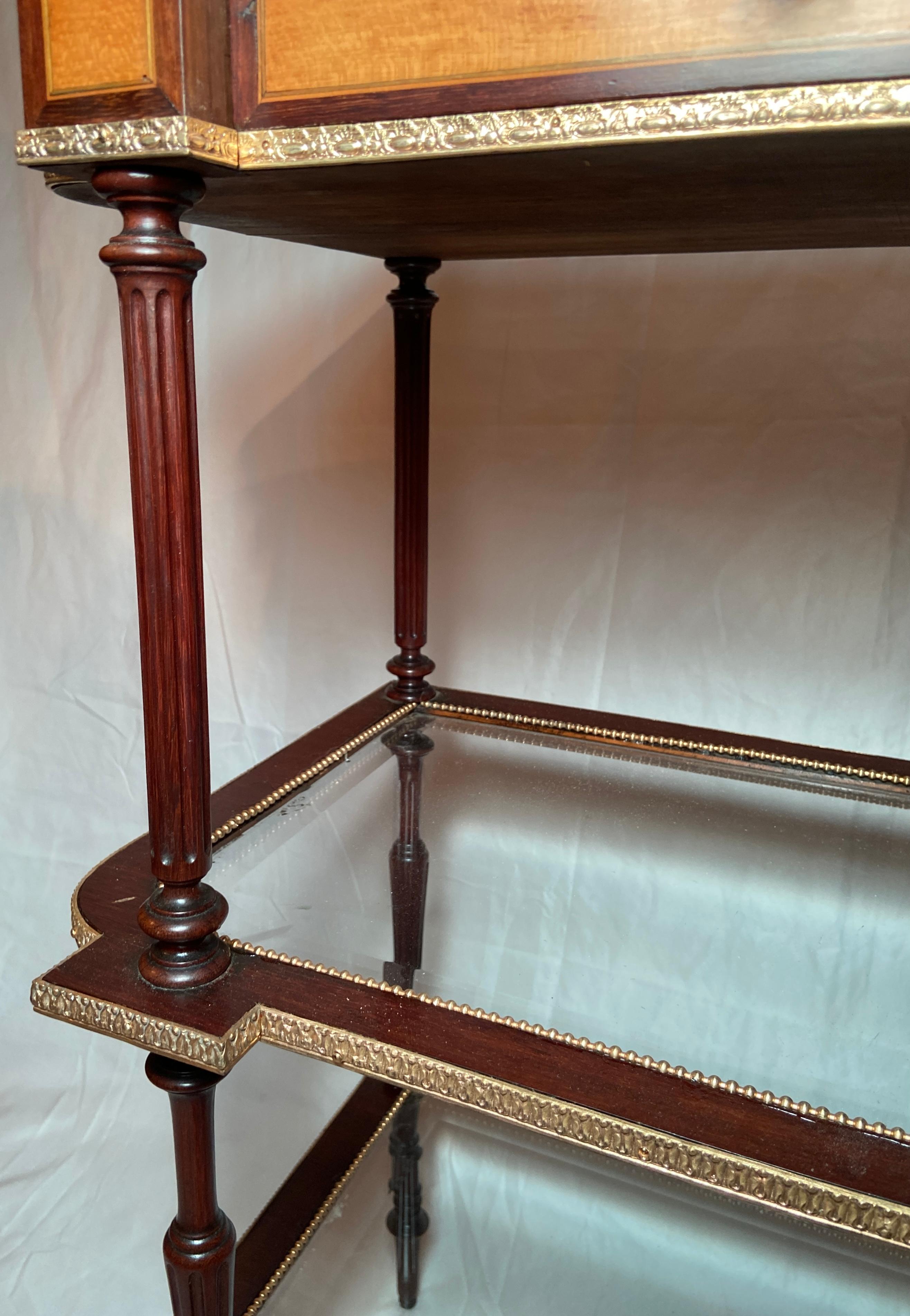Antique French Marquetry Table with Bronze D' Ore Mounts and Glass Shelves Below 4