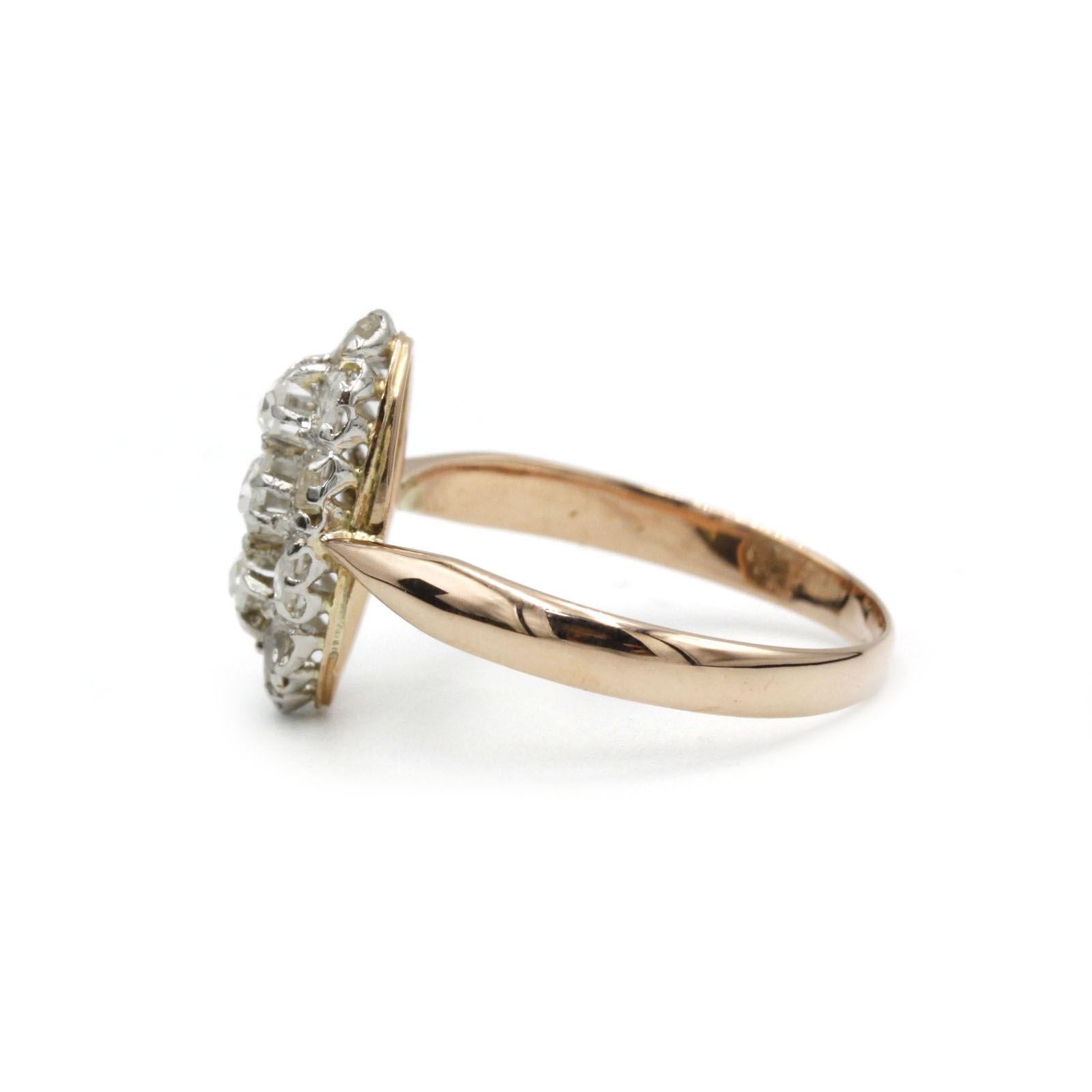 Victorien Bague Marquise française ancienne, 19ème A.I.C. Or Rose et Platine, Diamants taillés en Rose en vente