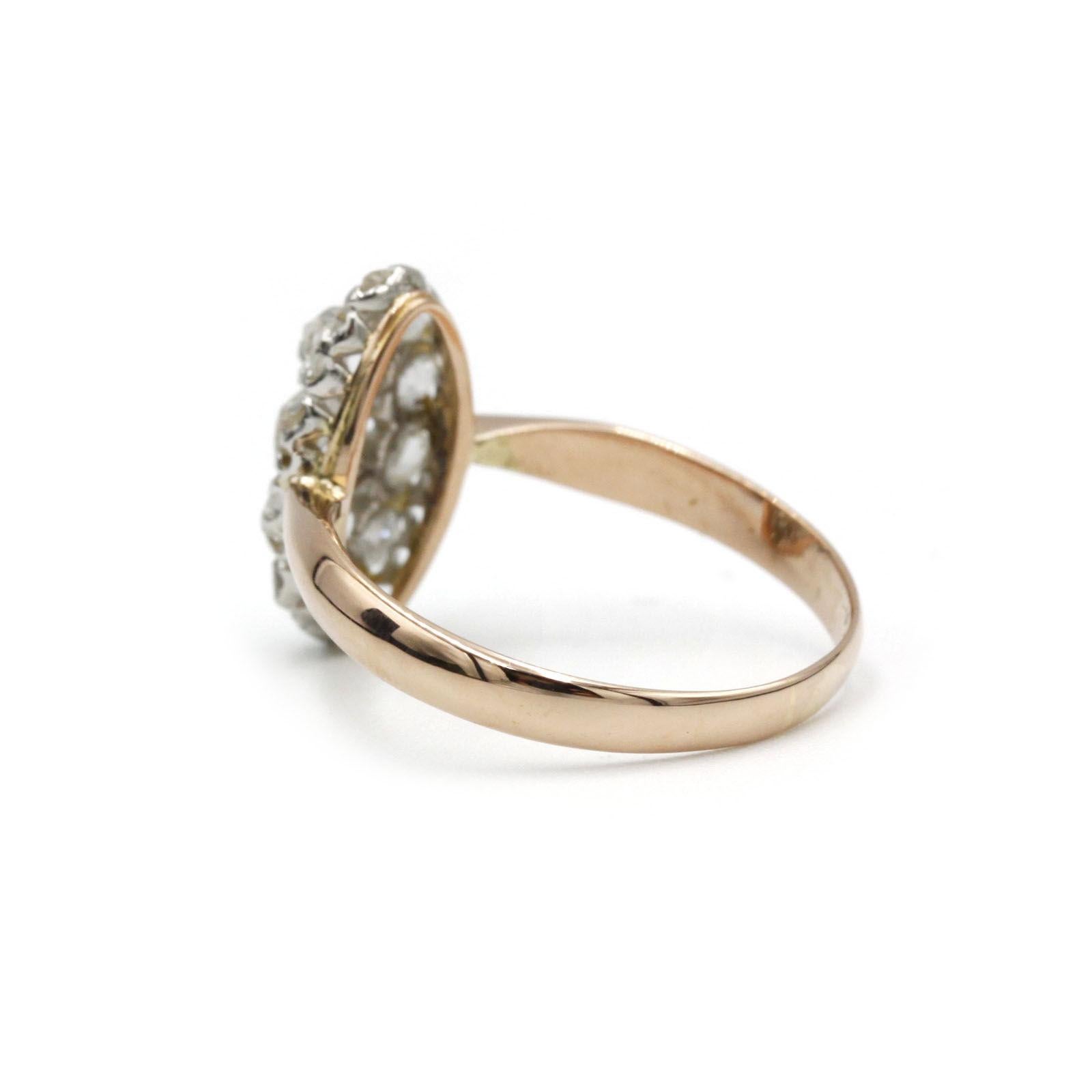 Bague Marquise française ancienne, 19ème A.I.C. Or Rose et Platine, Diamants taillés en Rose Bon état - En vente à MONTMORENCY, FR