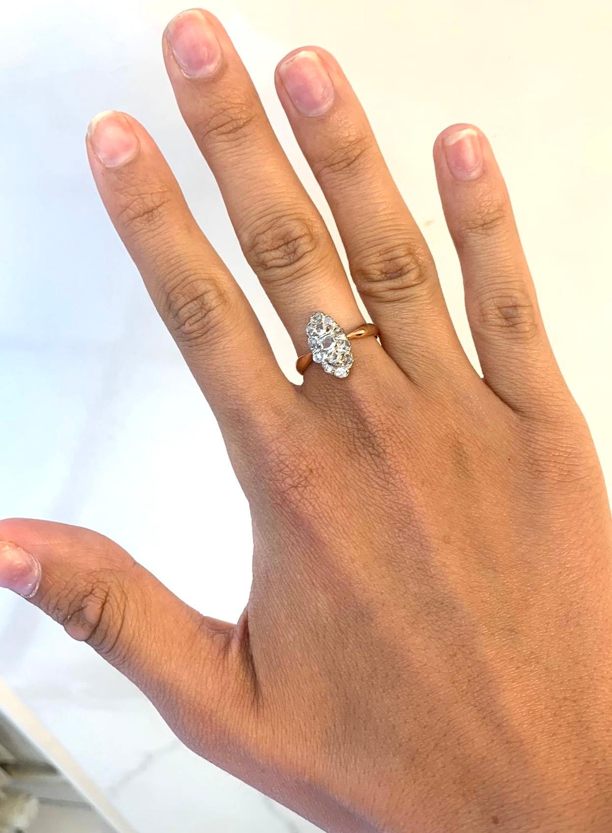 Bague Marquise française ancienne, 19ème A.I.C. Or Rose et Platine, Diamants taillés en Rose Pour femmes en vente