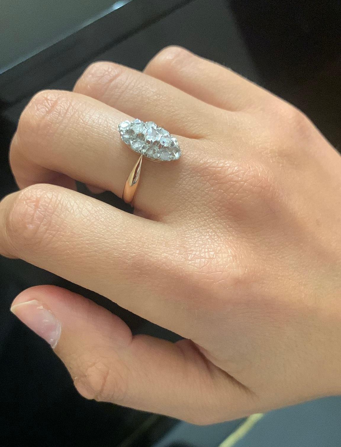 Bague Marquise française ancienne, 19ème A.I.C. Or Rose et Platine, Diamants taillés en Rose en vente 1