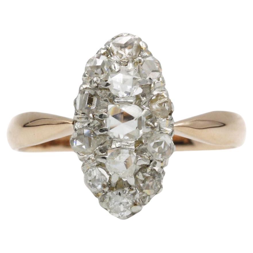 Antique French Marquise Ring, 19th C 18K Rose Gold & Platinum, Rose-Cut Diamonds