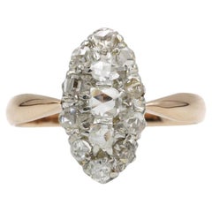Antique French Marquise Ring, 19th C 18K Rose Gold & Platinum, Rose-Cut Diamonds
