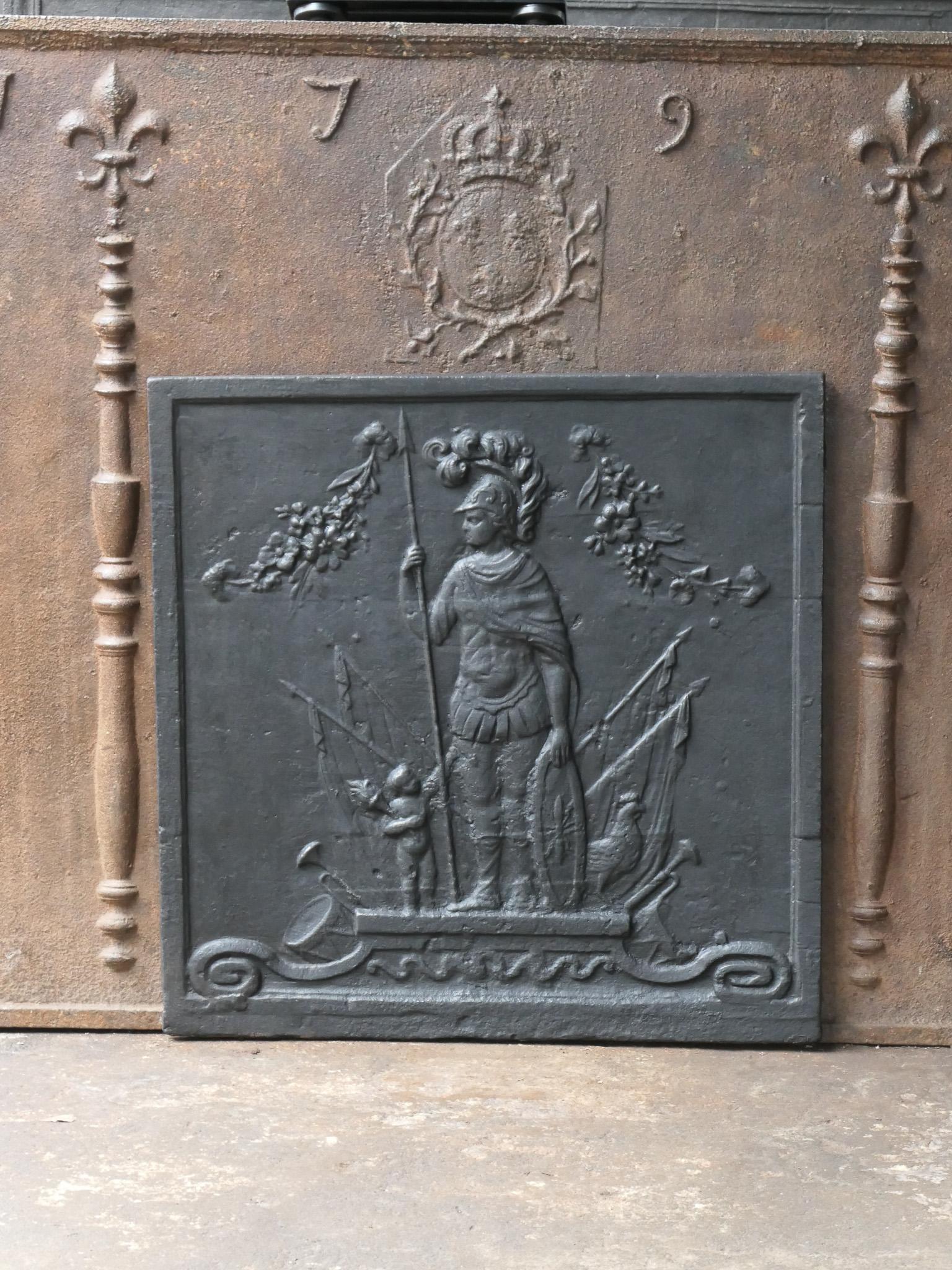 19th century French Napoleon III period fireplace fireback with the god mars. God of strength, fertility and protector of cattle.

The fireback is made of cast iron black / pewter patina. The fireback is in a good condition and does not have cracks.