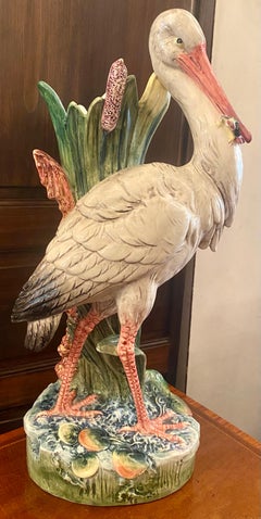 Antique French "Massier" Barbotine Pottery 'Heron in Marshland' Umbrella Stand