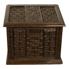 Antique French Medieval Gothic Carved Oak Chest Coffer 17th Century Panels 1679