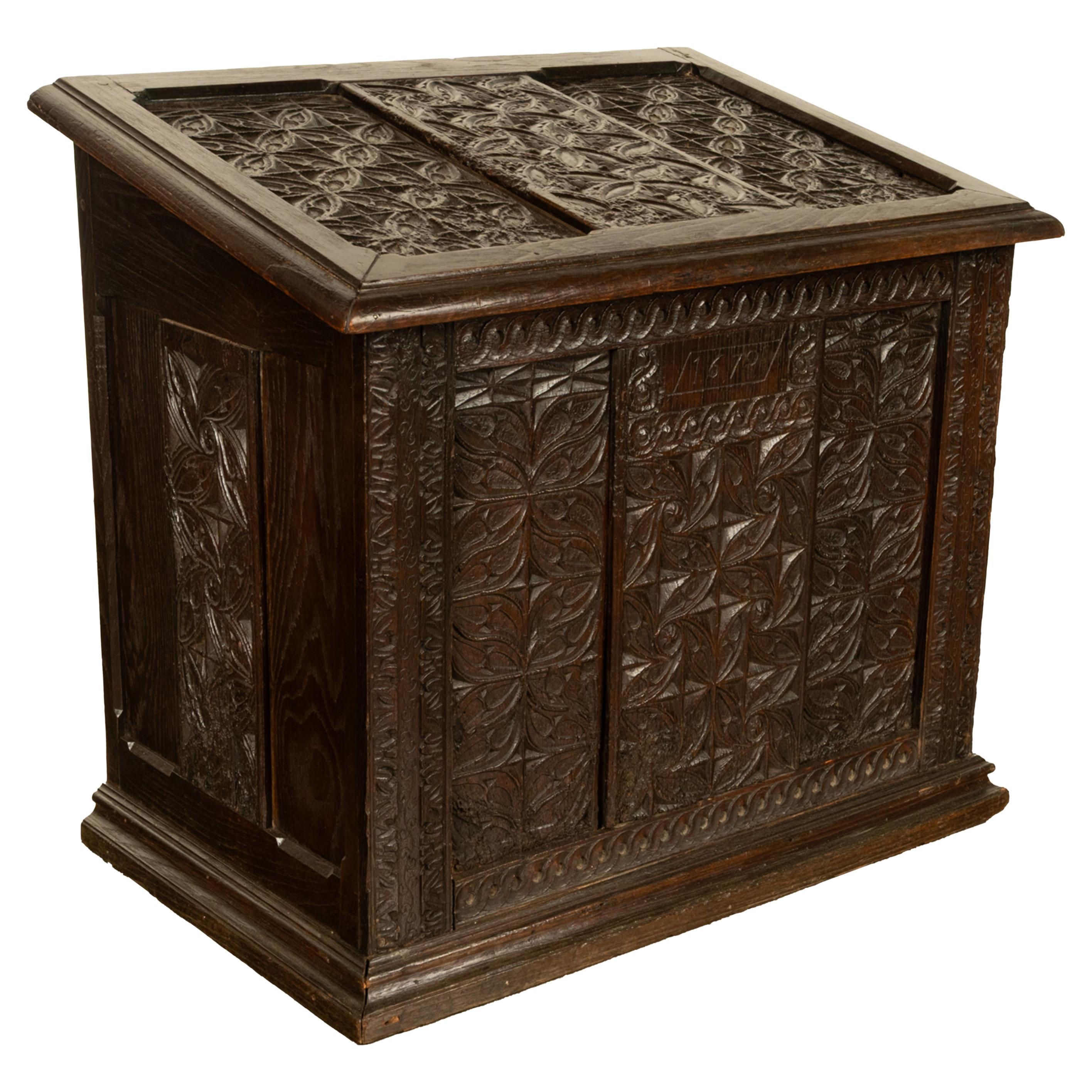 Antique French Medieval Gothic Carved Oak Chest Coffer 17th Century Panels 1679