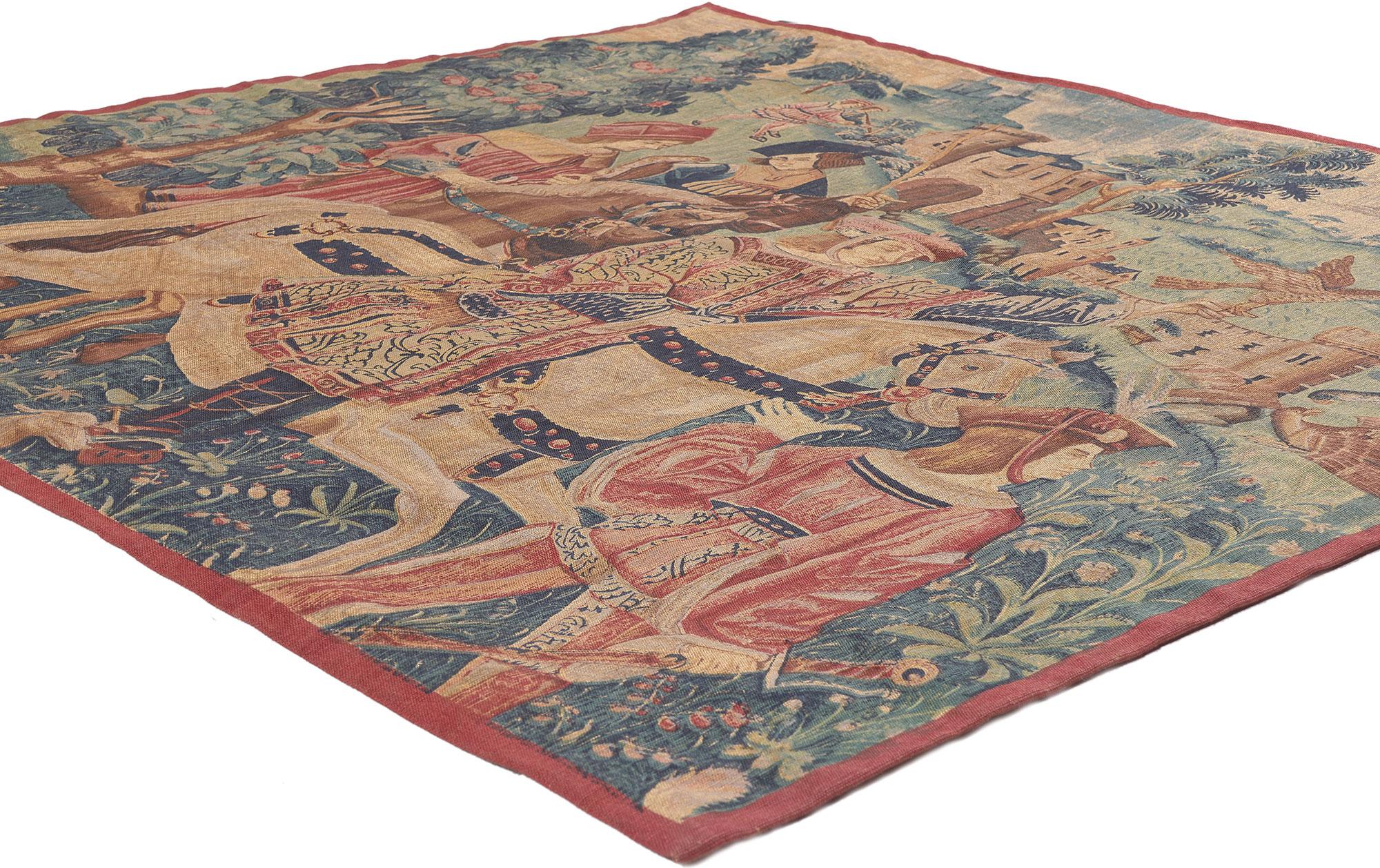78549 Vintage Les Editions d'Art de Rambouillet French Tapestry, 04'09 x 05'01.
Emanating Medieval style with incredible detail and texutre, this handwoven vintage French tapestry is a captivating vision of woven beauty. The decorative detailing and