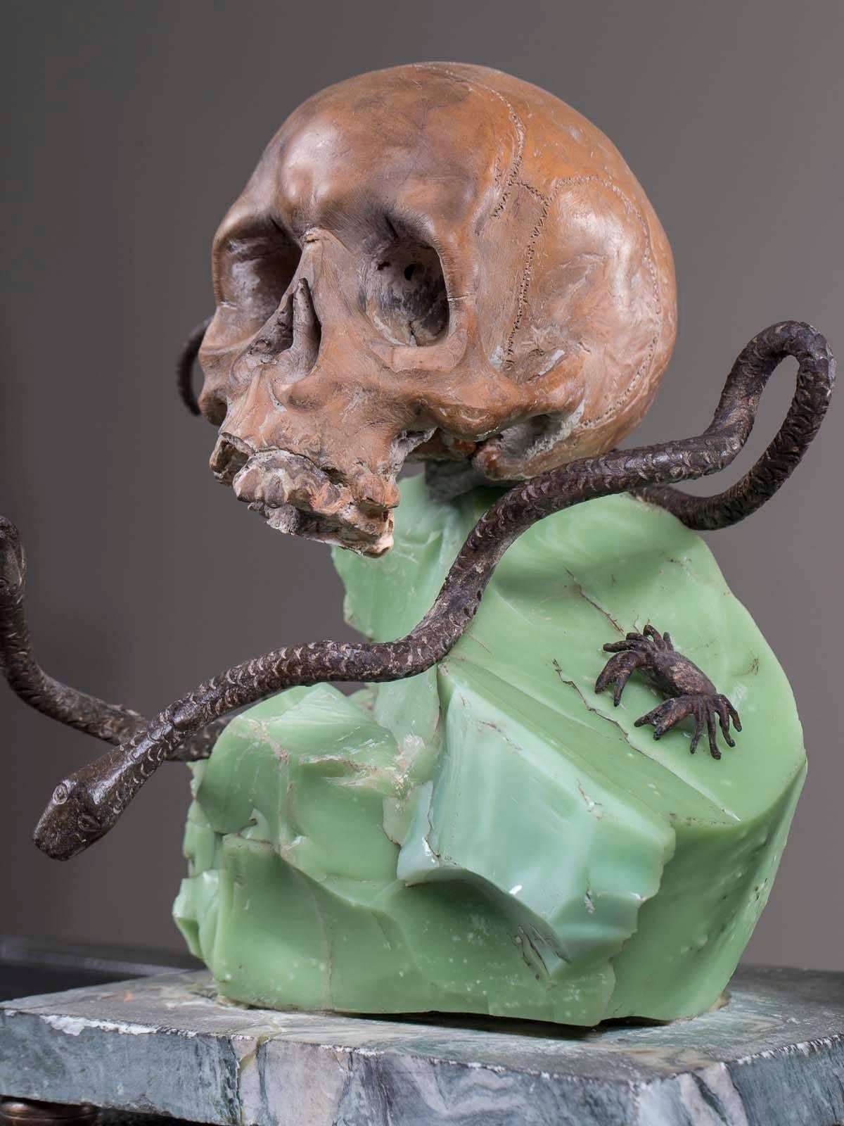 Carved Antique French Memento Mori Stone Iron Glass Sculpture from France, circa 1890