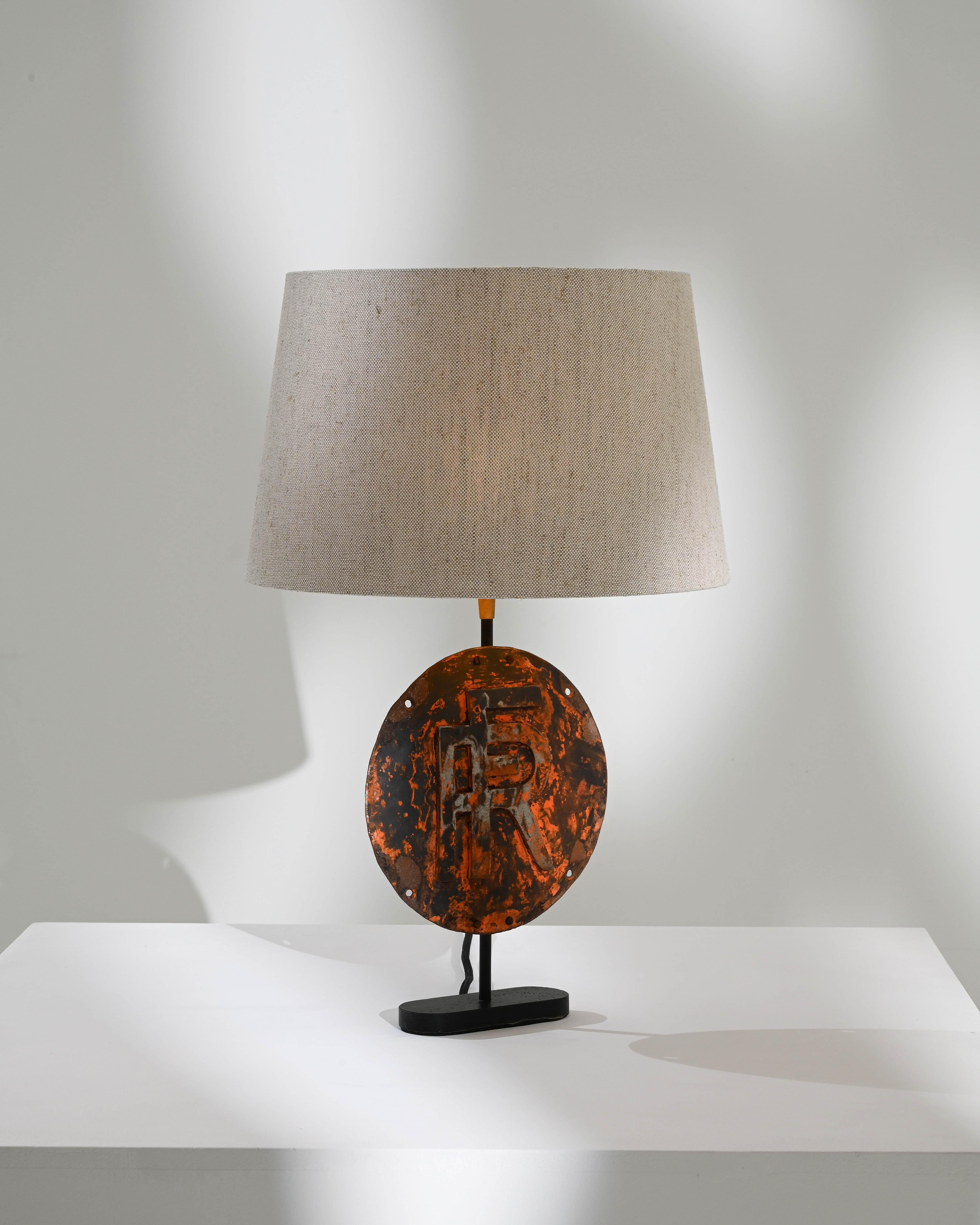 Antique French Metal Sign Table Lamp  For Sale 3