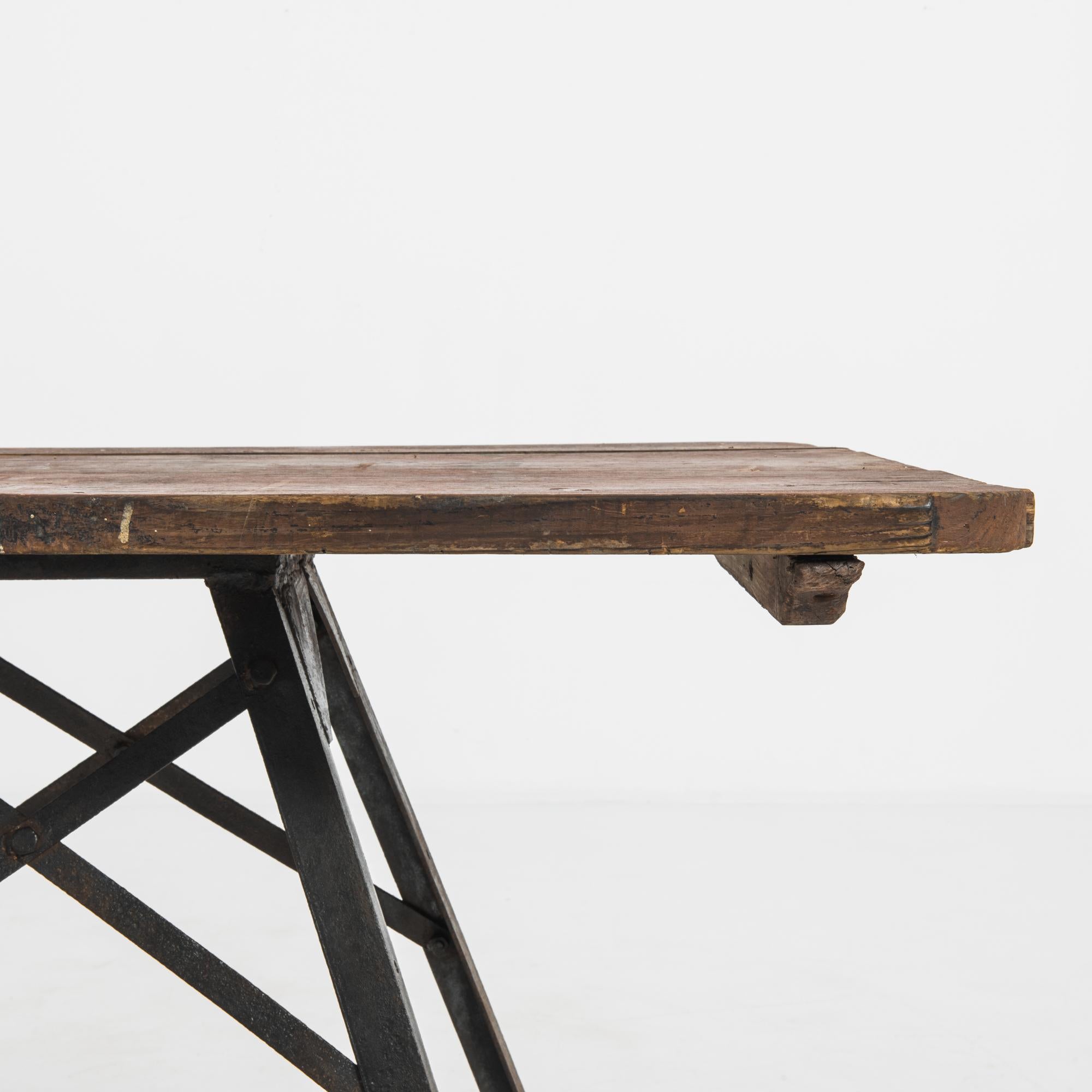 Industrial Antique French Metal Table with Wooden Top