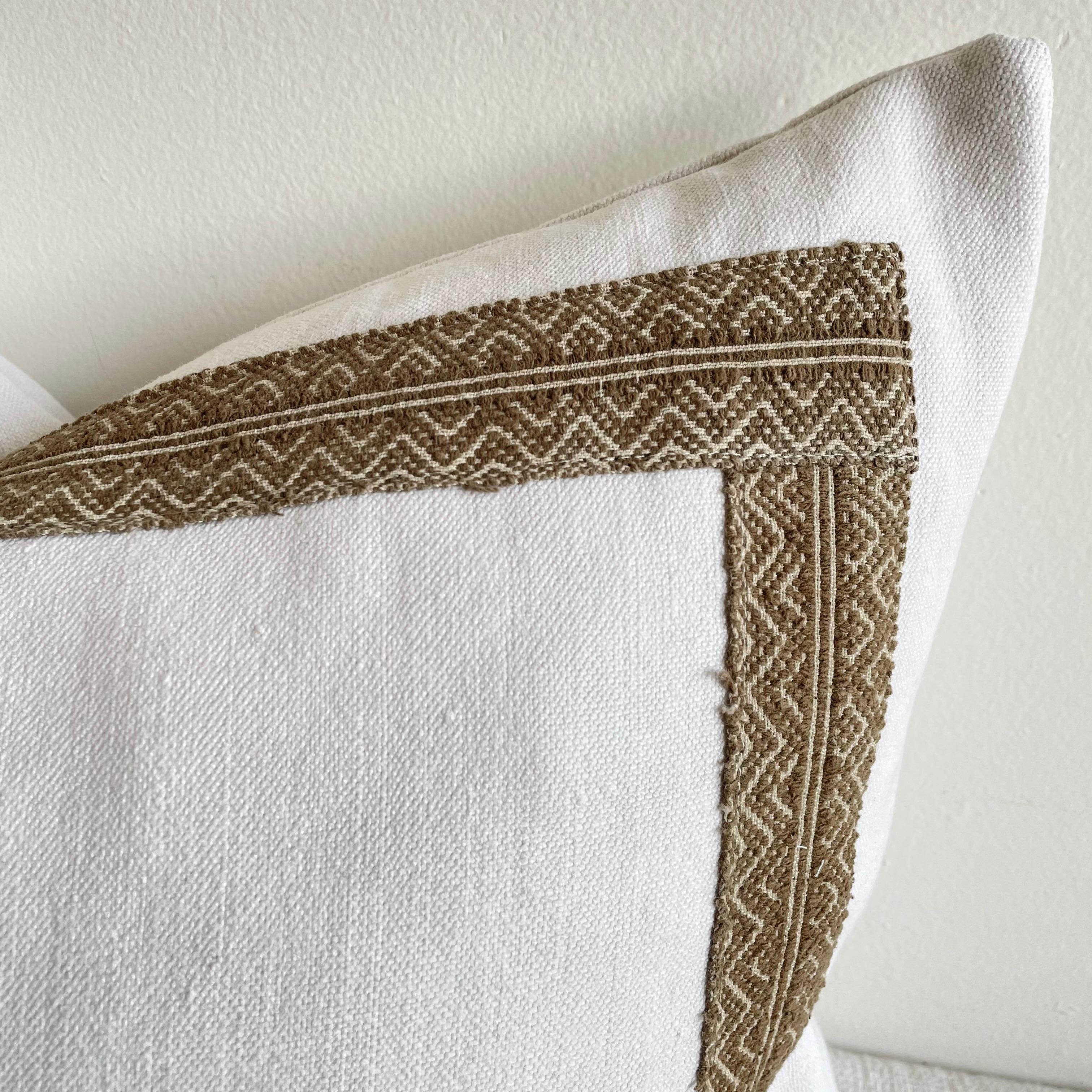 This vintage textile pillow face features a 100 year old linen with brown woven 2