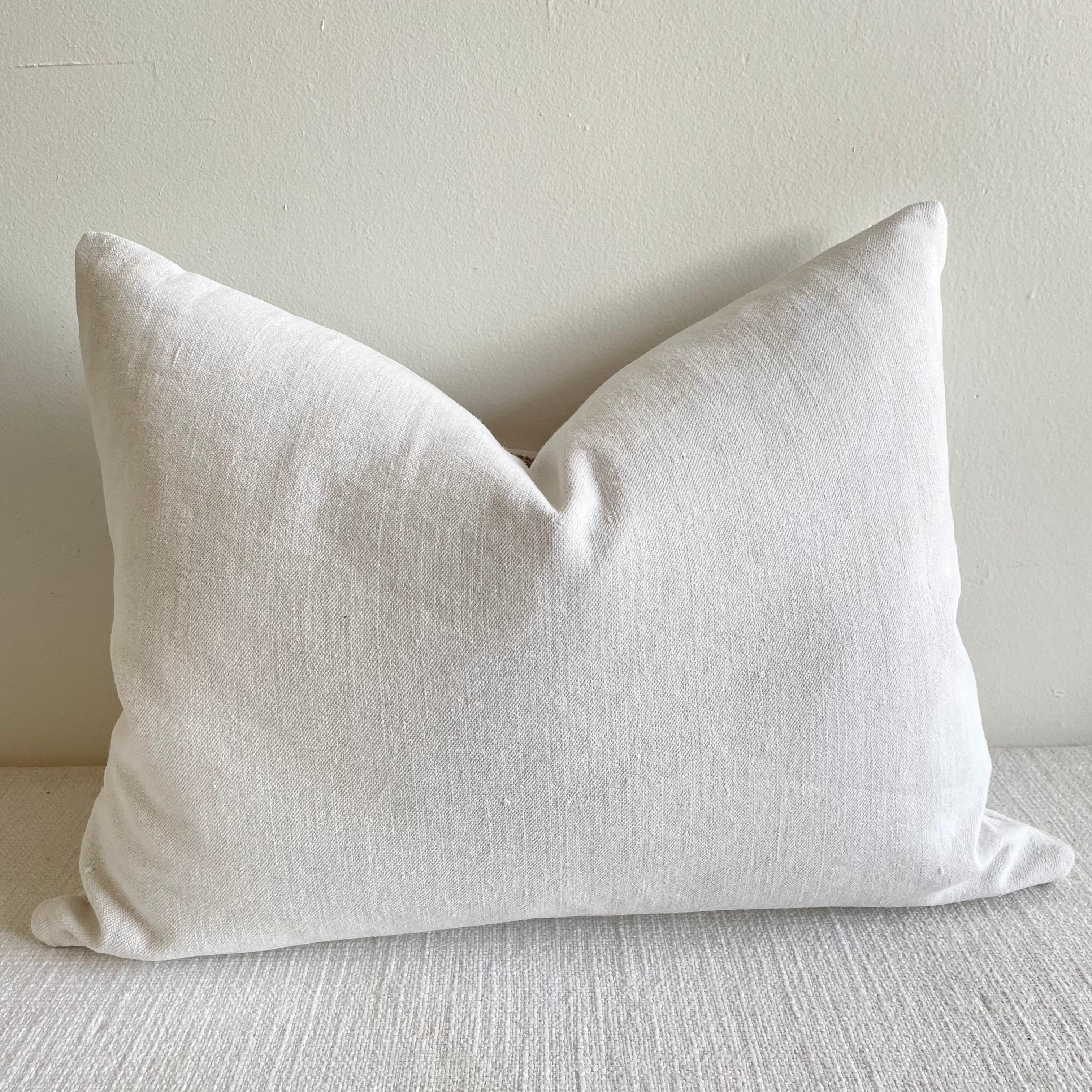 Contemporary Antique French Metis Linen Pillow with Brown Woven Trim For Sale