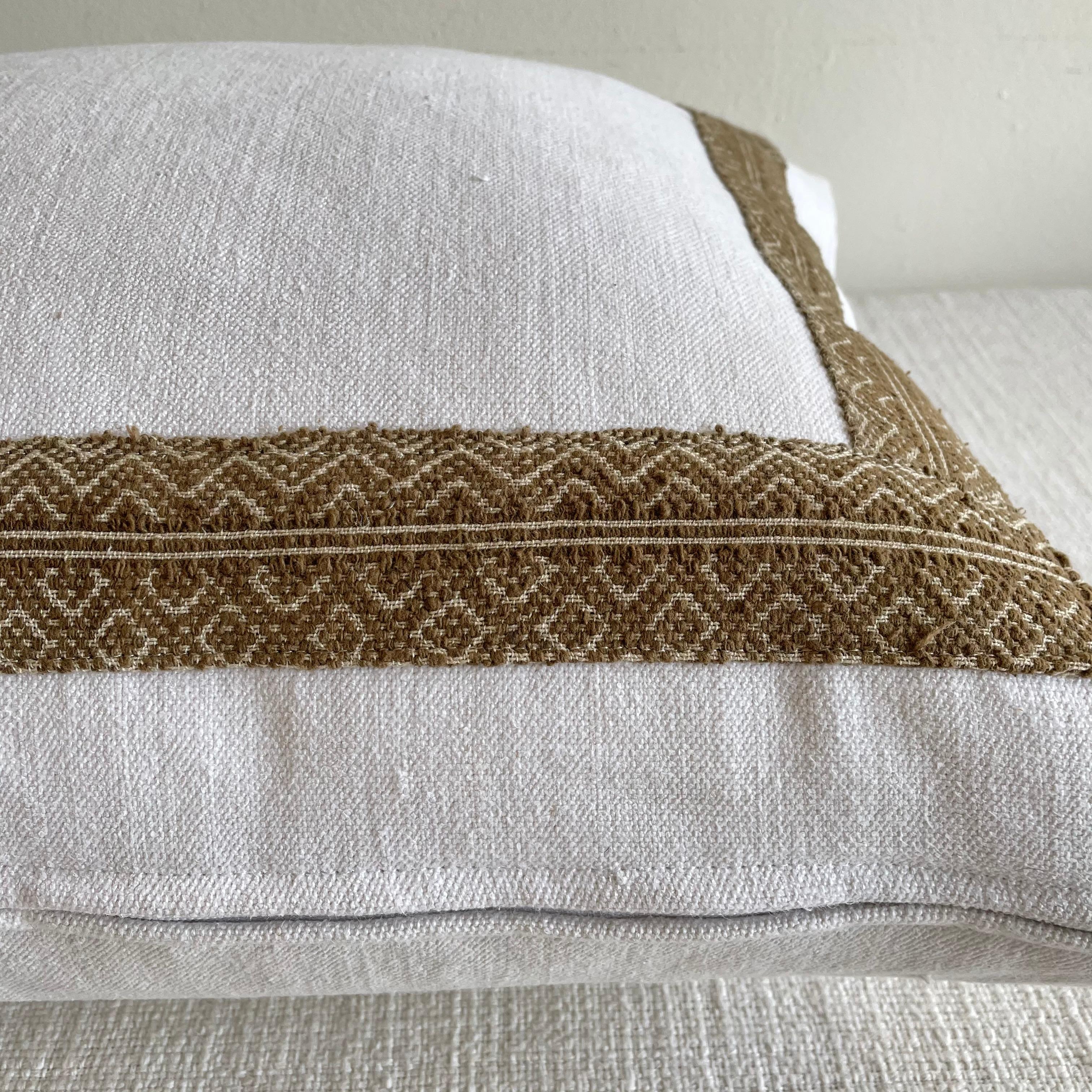 Antique French Metis Linen Pillow with Brown Woven Trim For Sale 1