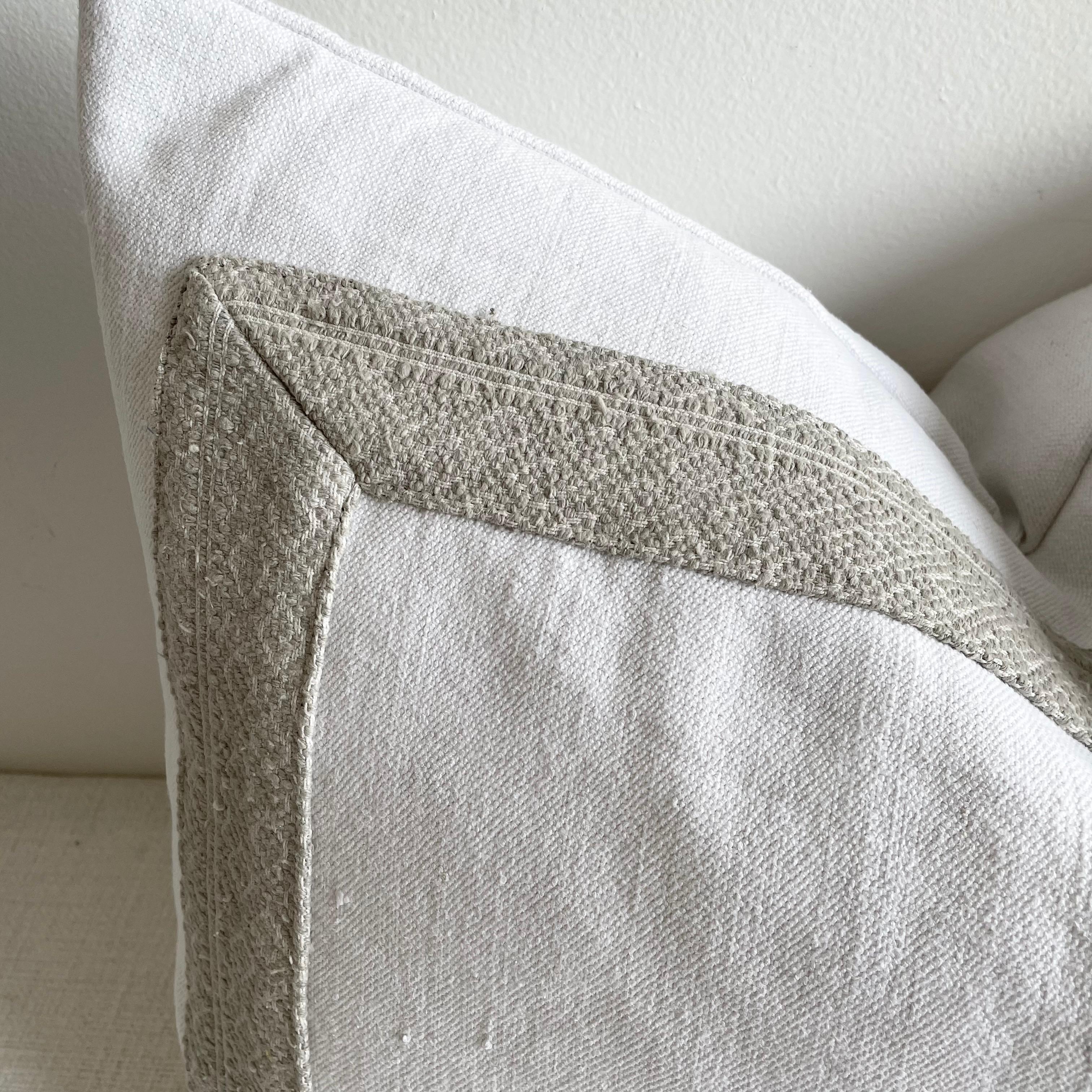 This vintage textile pillow face features a 100 year old linen with gray woven 2
