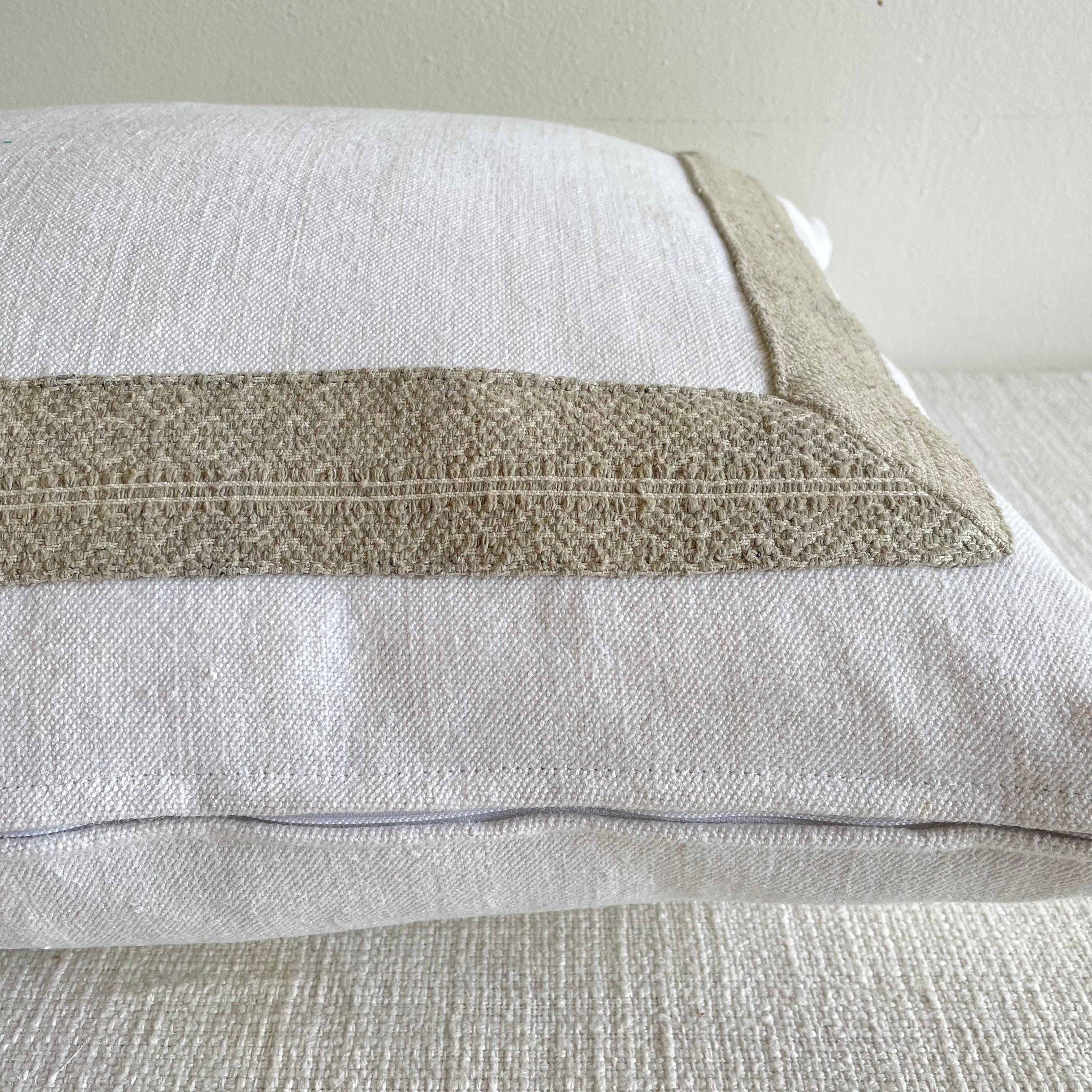 Antique French Metis Linen Pillow with Gray Woven Trim 1