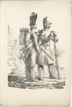Antique French Military Lithograph, Soldiers with Pack and Rifle, c.1820