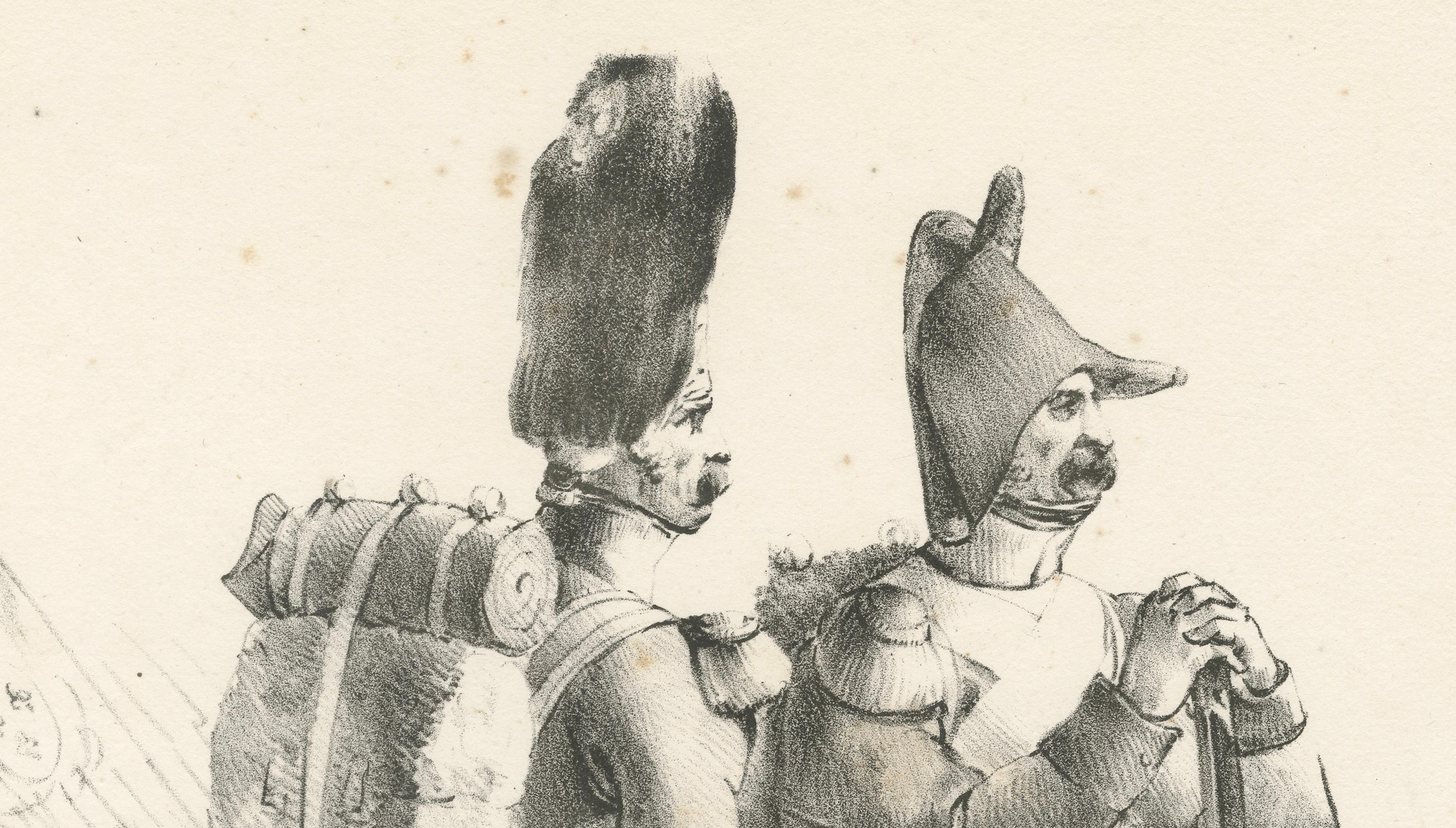 Antique French Military Lithograph, Soldiers with Pack and Rifle, c.1820