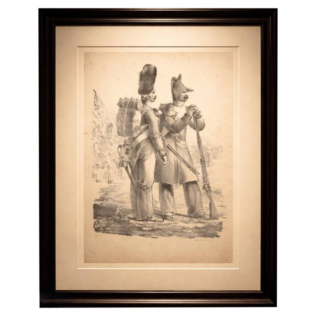 Antique French Military Lithograph, Soldiers with Pack and Rifle, c.1820