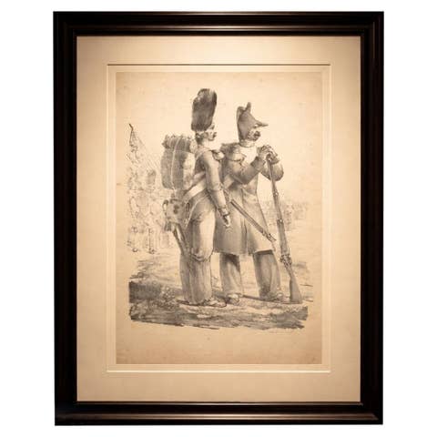 Antique French Military Lithograph, Soldiers with Pack and Rifle, c.1820