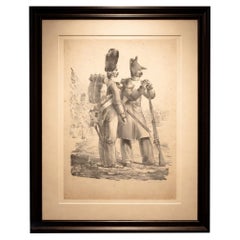 Antique French Military Lithograph, Soldiers with Pack and Rifle, c.1820