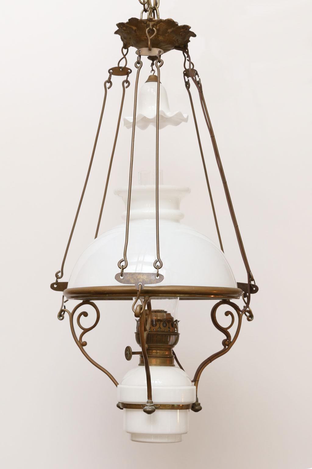 Art Nouveau Antique French Milk Glass and Brass Hall Lantern