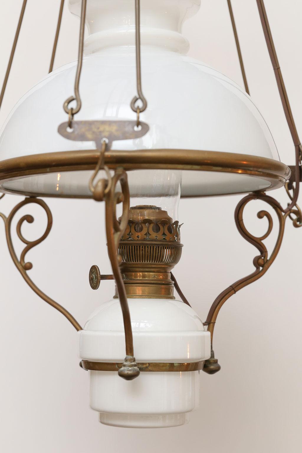 Cast Antique French Milk Glass and Brass Hall Lantern