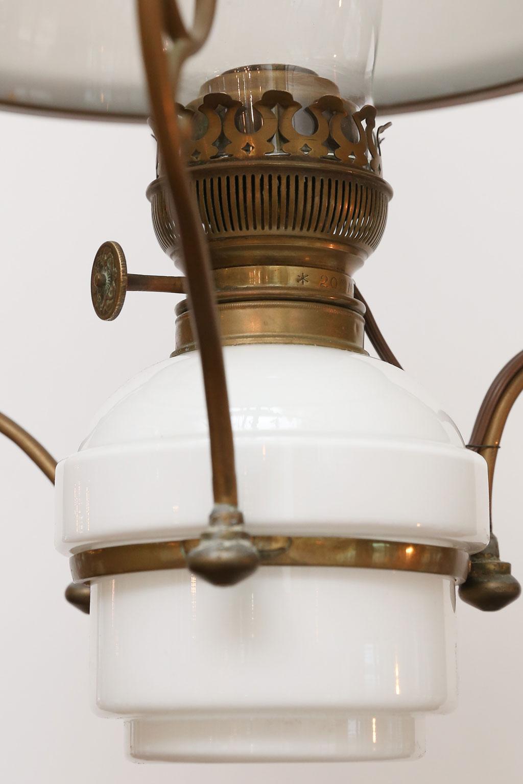 Antique French Milk Glass and Brass Hall Lantern In Good Condition In Houston, TX