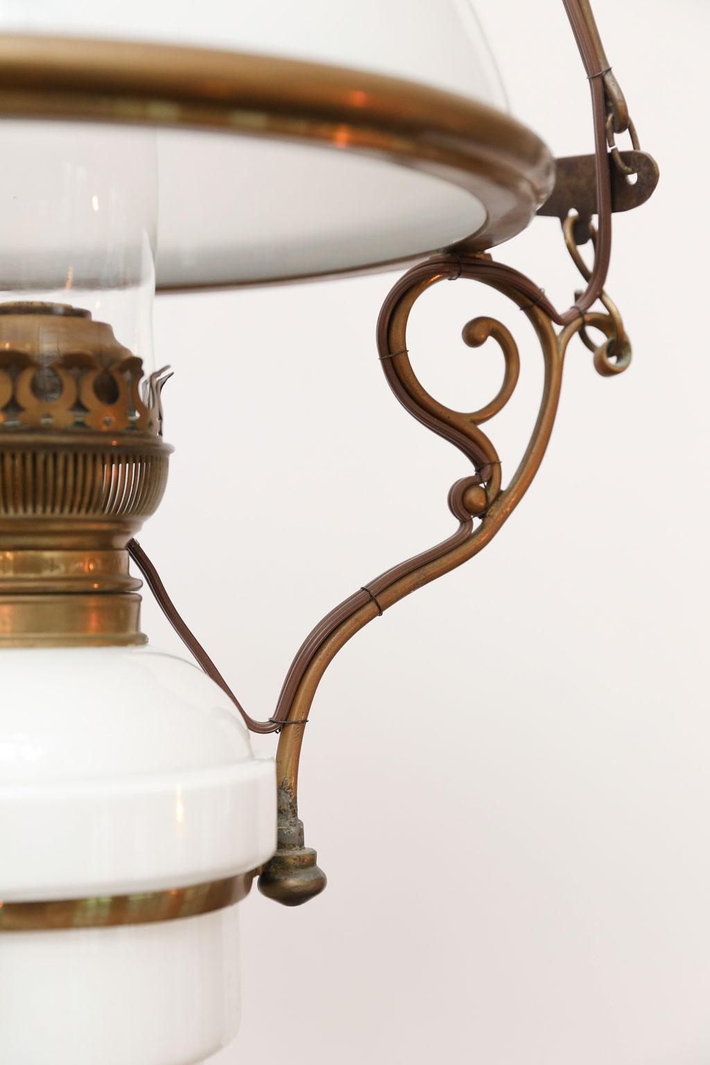 Early 20th Century Antique French Milk Glass and Brass Hall Lantern