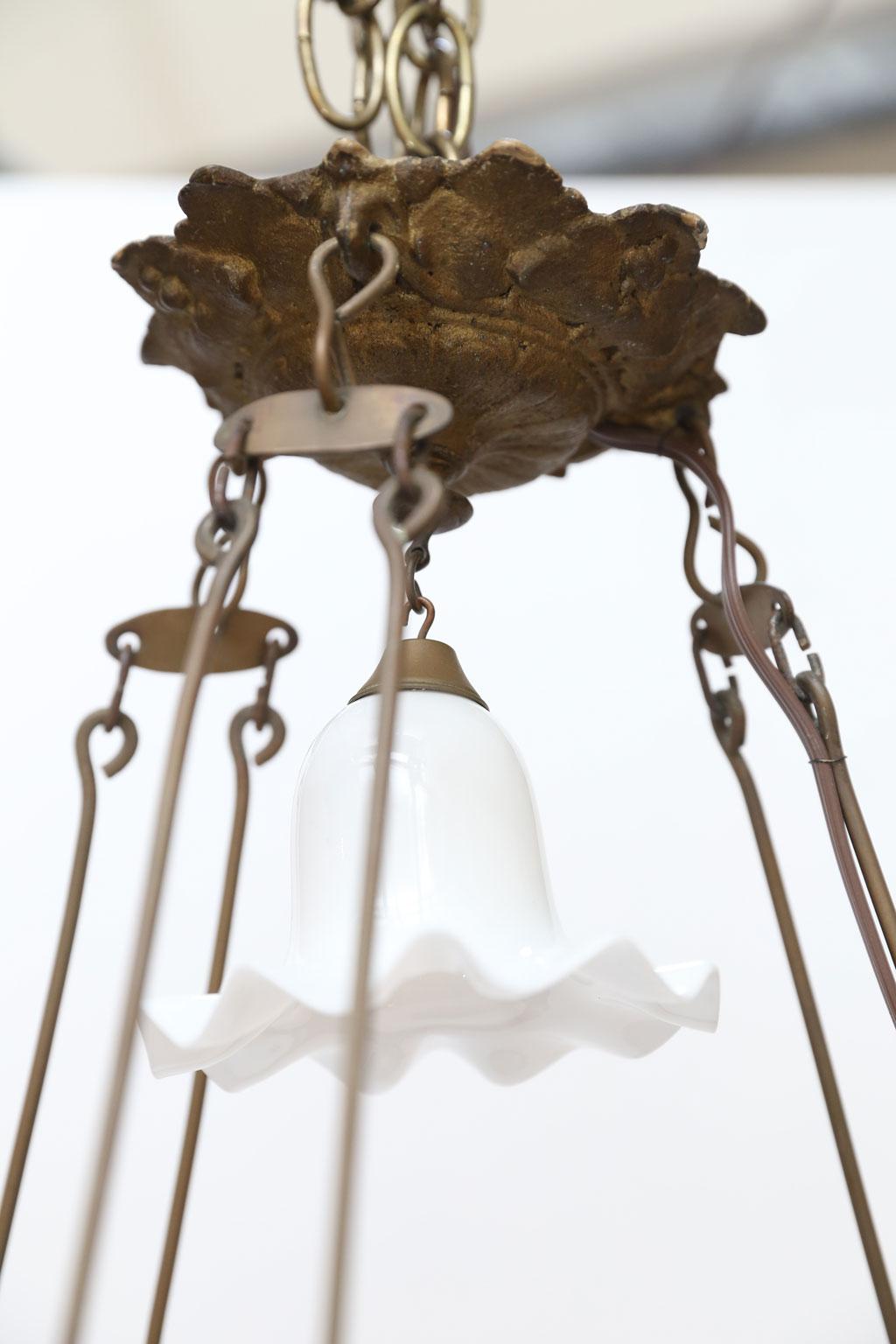 Antique French Milk Glass and Brass Hall Lantern 1