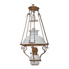 Antique French Milk Glass and Brass Hall Lantern